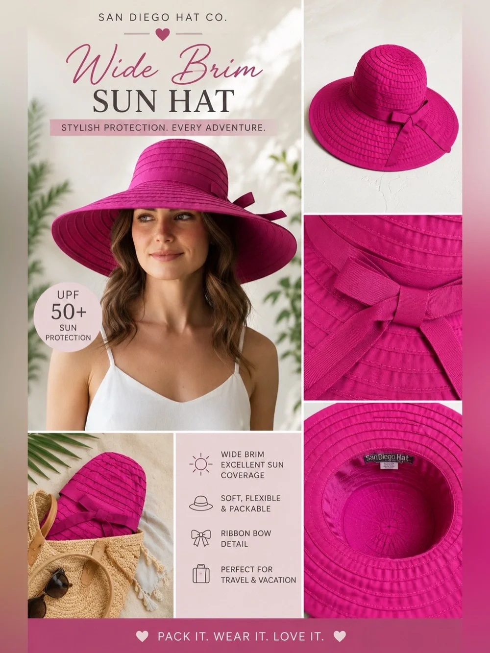 San Diego Hat Company Fuchsia Wide Brim Packable Sun Hat UPF 50 Ribbon Bow Trave